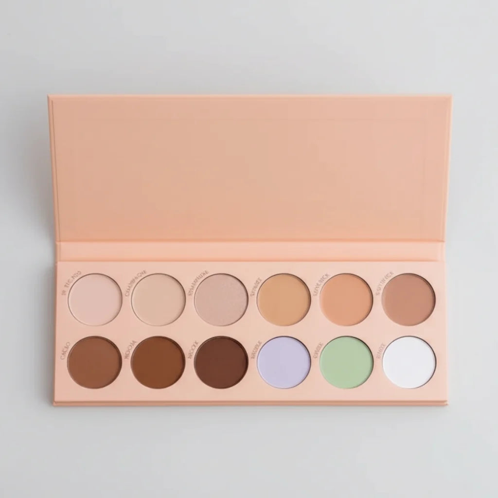 Professional brow and makeup palette featuring 9 concealer shades plus purple, green, and white mapping pastes